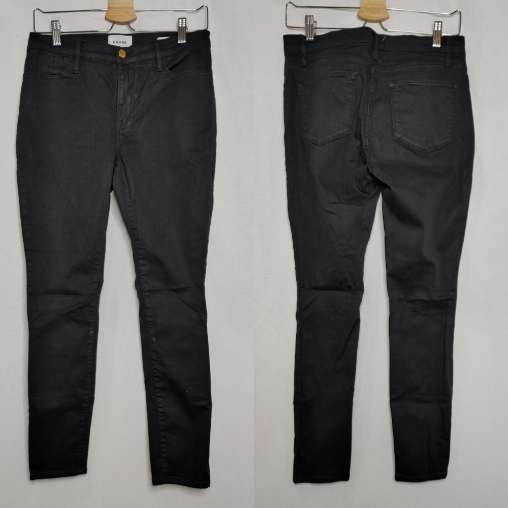 Frame Le High Skinny Jeans Noir Coated Waxed‎ Black Cotton Blend Size 28